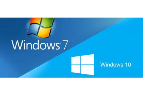 Windows 7 and Windows 10 logos side by side, representing operating system upgrade.