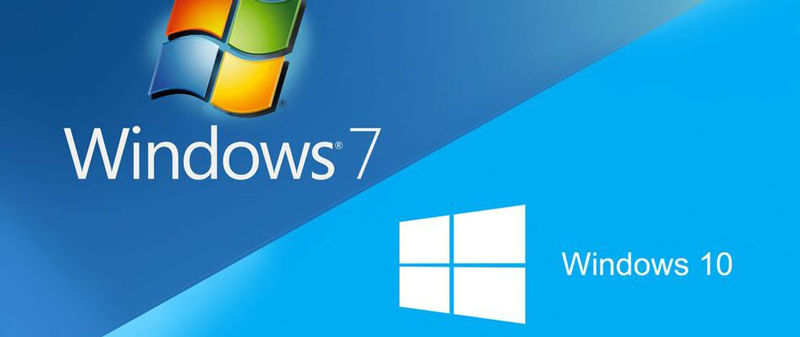 Windows 7 and Windows 10 logos side by side, representing operating system upgrade.