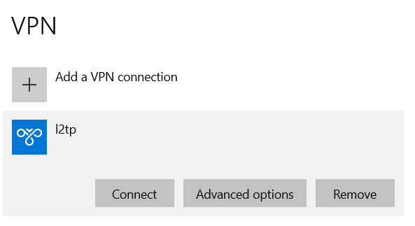 Windows VPN settings screen showing an L2TP VPN connection with options to Connect, Advanced options, and Remove