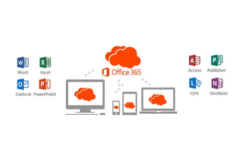 Illustration of Microsoft Office 365 cloud services connected across devices, with icons for Word, Excel, Outlook, PowerPoint, Access, Publisher, Lync, and OneNote.