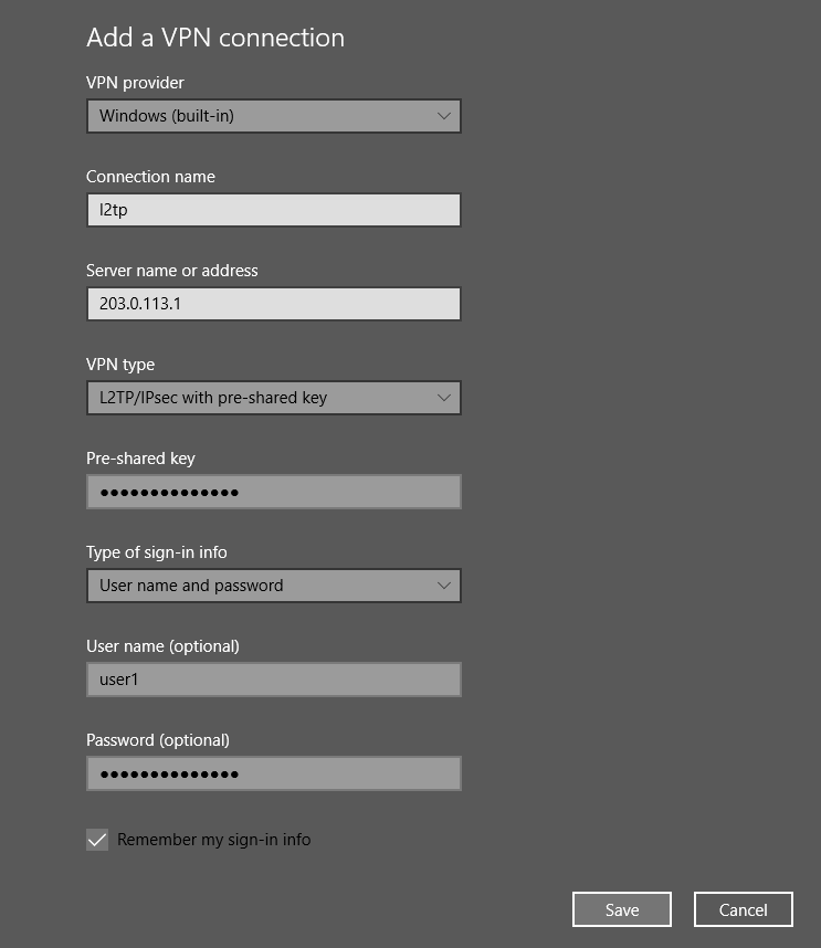 Windows VPN setup screen showing configuration for L2TP connection with fields for server address, VPN type, pre-shared key, username, and password.