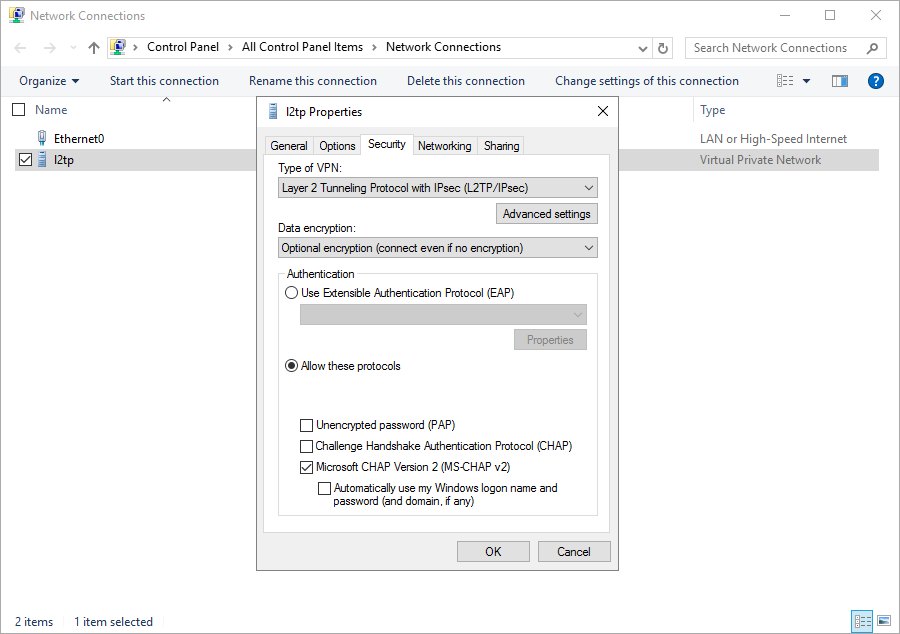 Windows Network Connections settings showing L2TP VPN properties with options for VPN type, data encryption, authentication protocols, and advanced settings